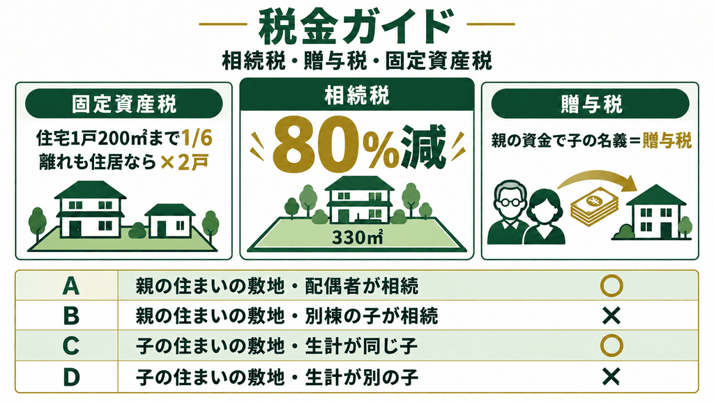 敷地内同居の相続税・贈与税・固定資産税を、親の住まいの敷地と子の住まいの敷地に分けて整理した図解