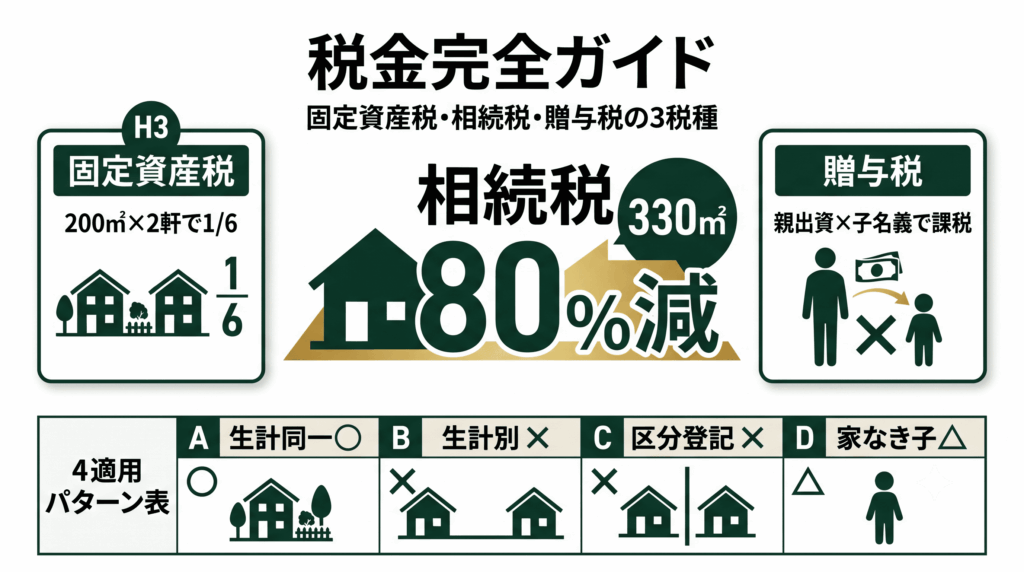 敷地内同居の固定資産税・相続税・贈与税を場合分けで整理した完全ガイド図解