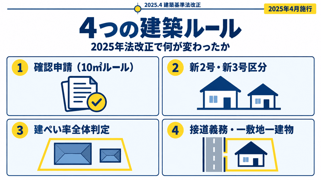2025年4月建築基準法改正を含む離れ建築の4つのルールを示すインフォグラフィック