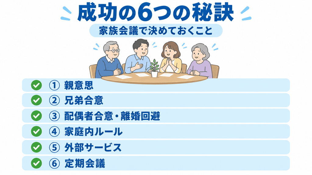 敷地内同居を成功させる6つの秘訣を示すチェックリスト図解