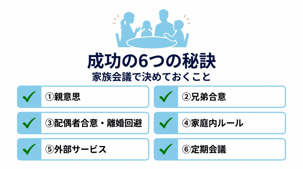 敷地内同居を成功させる6つの秘訣を示すチェックリスト図解