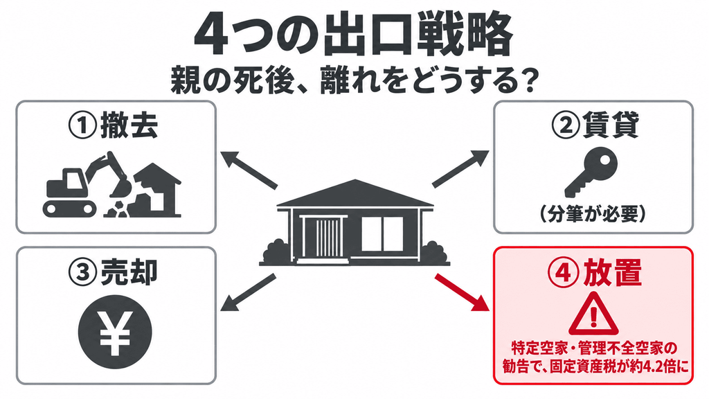 敷地内同居の離れを親の死後どうするかの4つの出口戦略を示す意思決定図