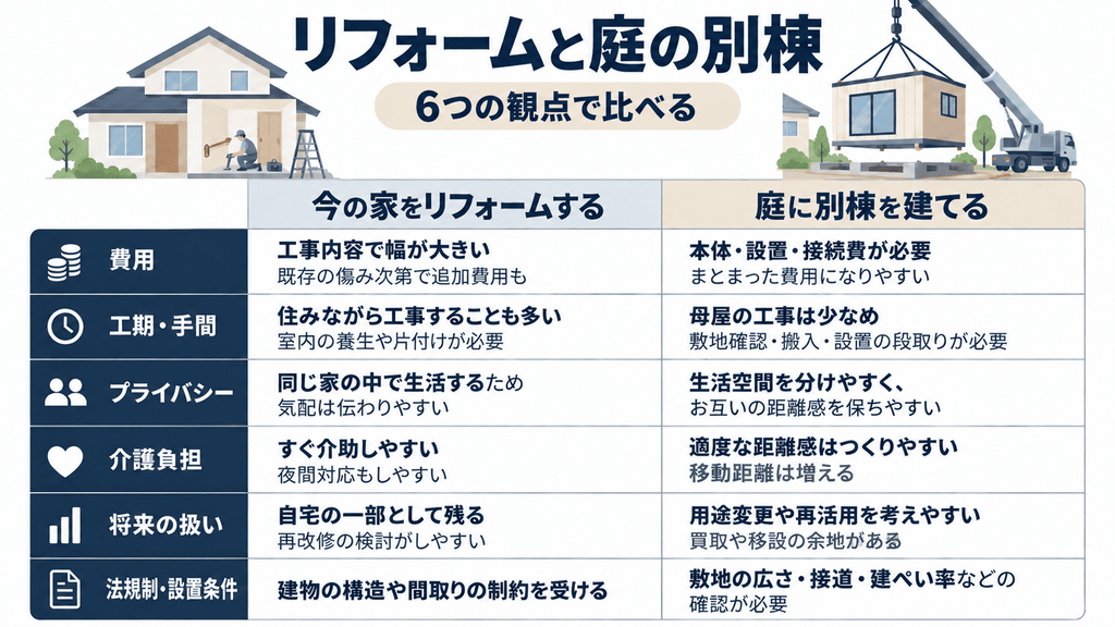 介護のためのリフォームと庭に設置する介護専用ハウス（別棟）を、費用・工期・プライバシーなど6観点で比較した表