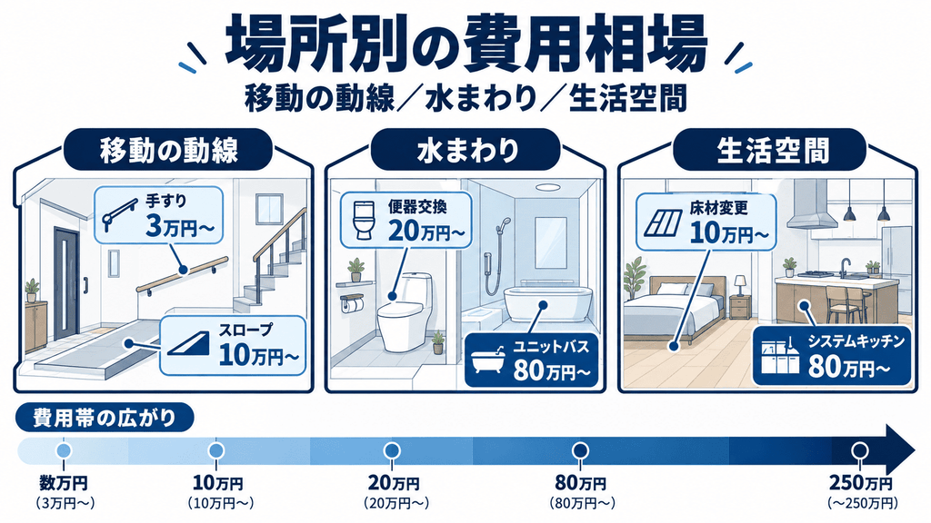 介護リフォームの場所別費用相場を移動の動線・水まわり・生活空間の3グループで整理した図解