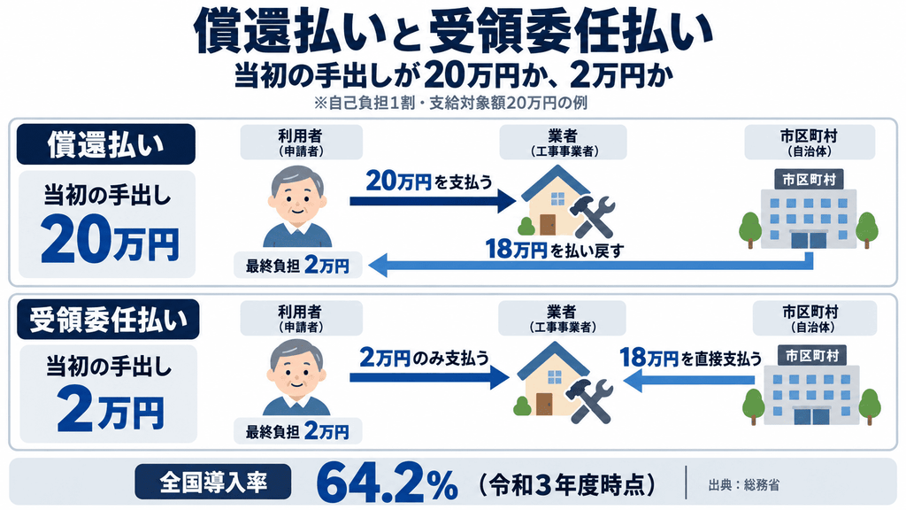 介護保険の住宅改修費における償還払いと受領委任払いの違いを、当初の手出し額で比較した図解