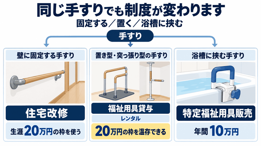 手すりが固定方法によって住宅改修・福祉用具貸与・特定福祉用具販売の3制度に分かれることを示す図解