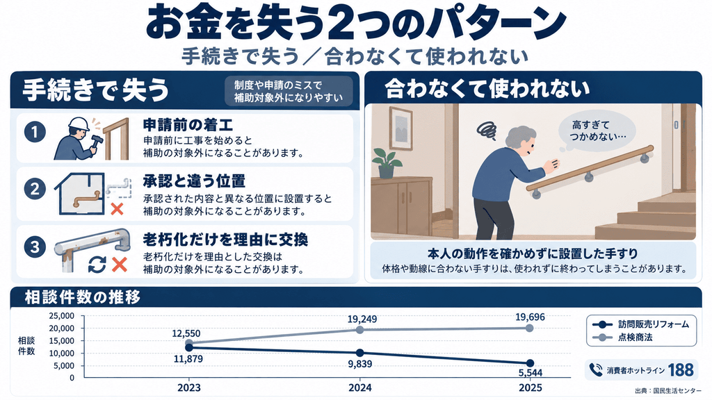 介護リフォームでお金を失う2つの失敗パターンと、訪問販売および点検商法の相談件数の推移を示した図解