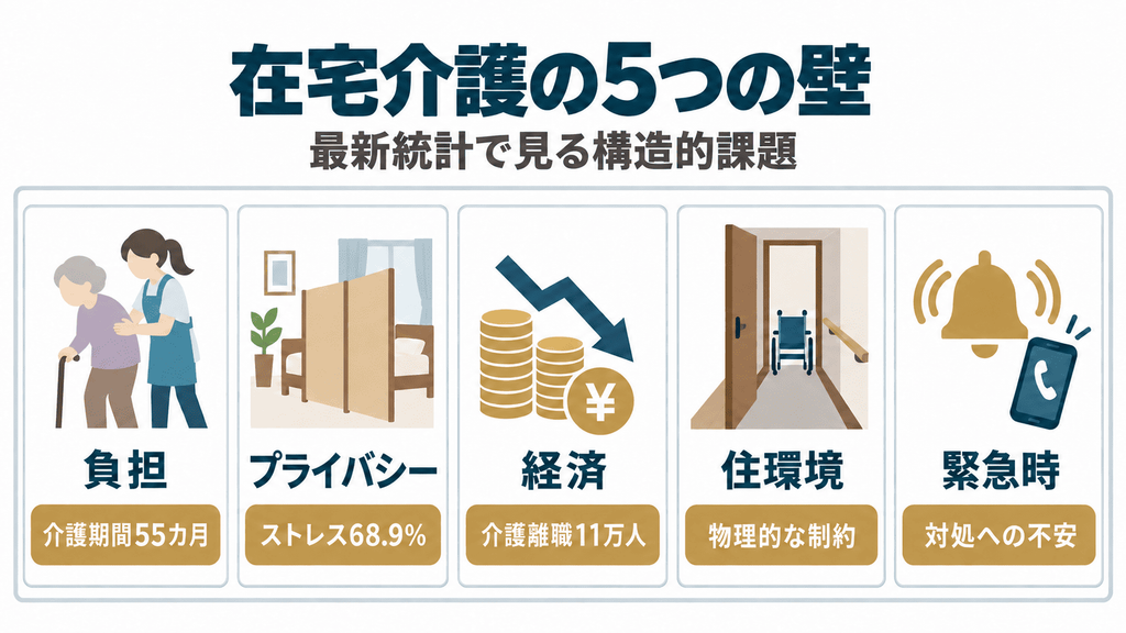 在宅介護で多くの家族が直面する5つの壁を統計とともに示すインフォグラフィック