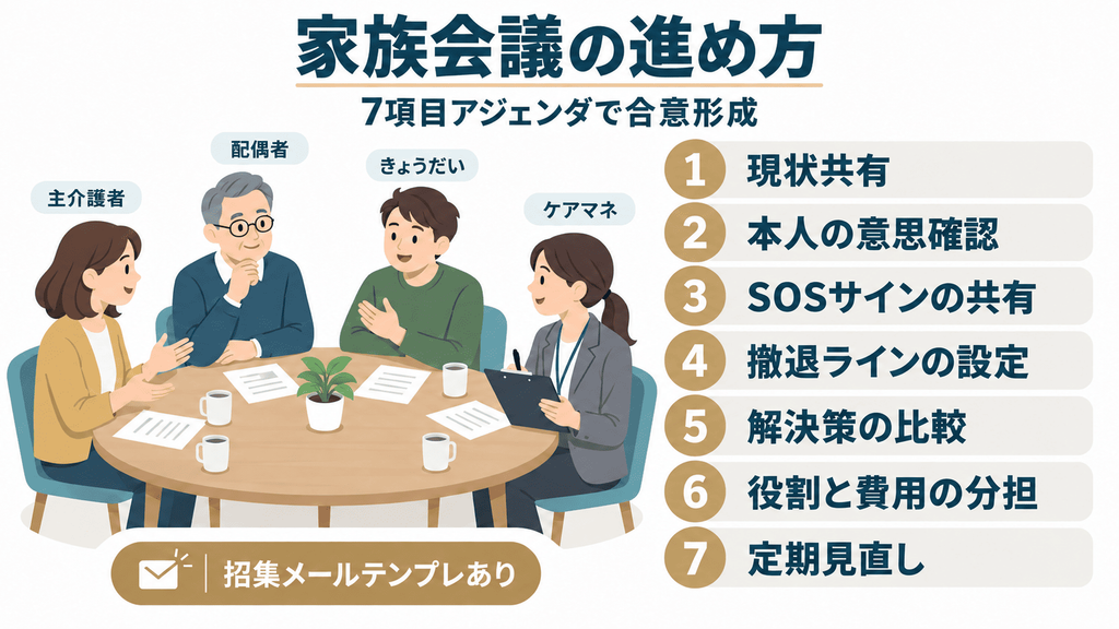 家族会議を構造化する7項目アジェンダと参加者構成のイラスト
