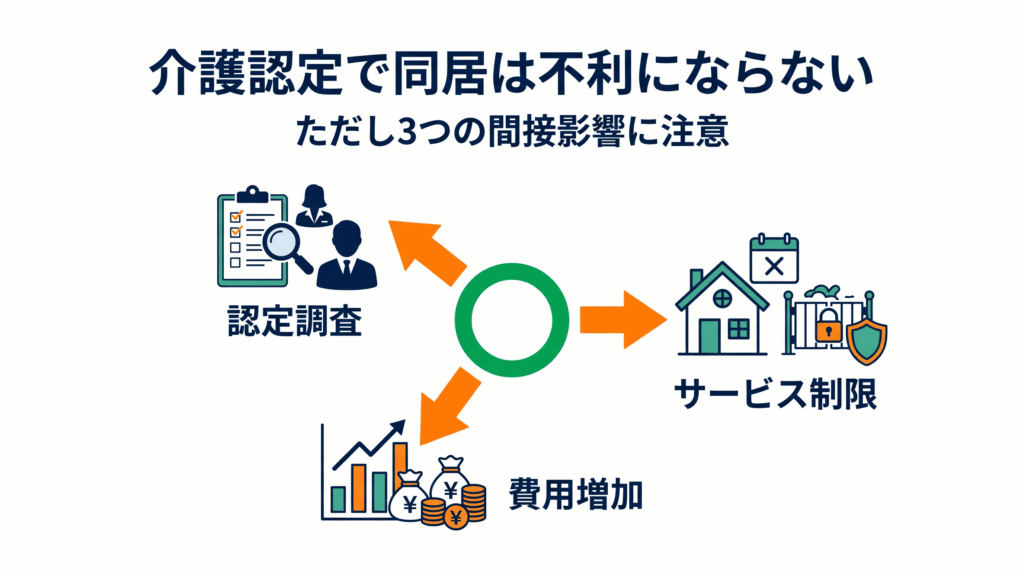 介護認定で同居は直接不利にならないが3つの間接影響があることを示す図解
