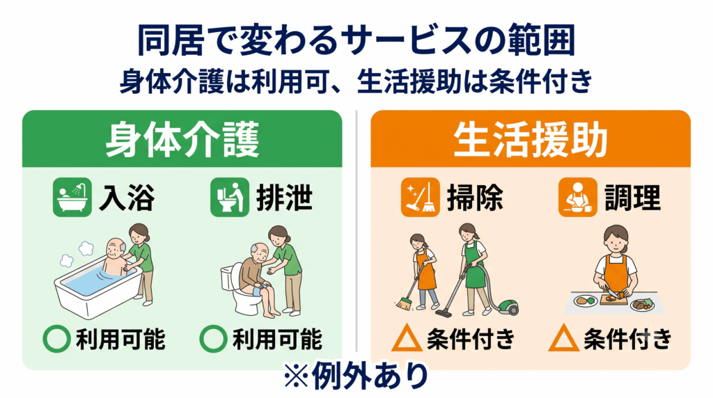 同居時の訪問介護の範囲——身体介護は利用可能、生活援助は条件付きであることを示す比較図