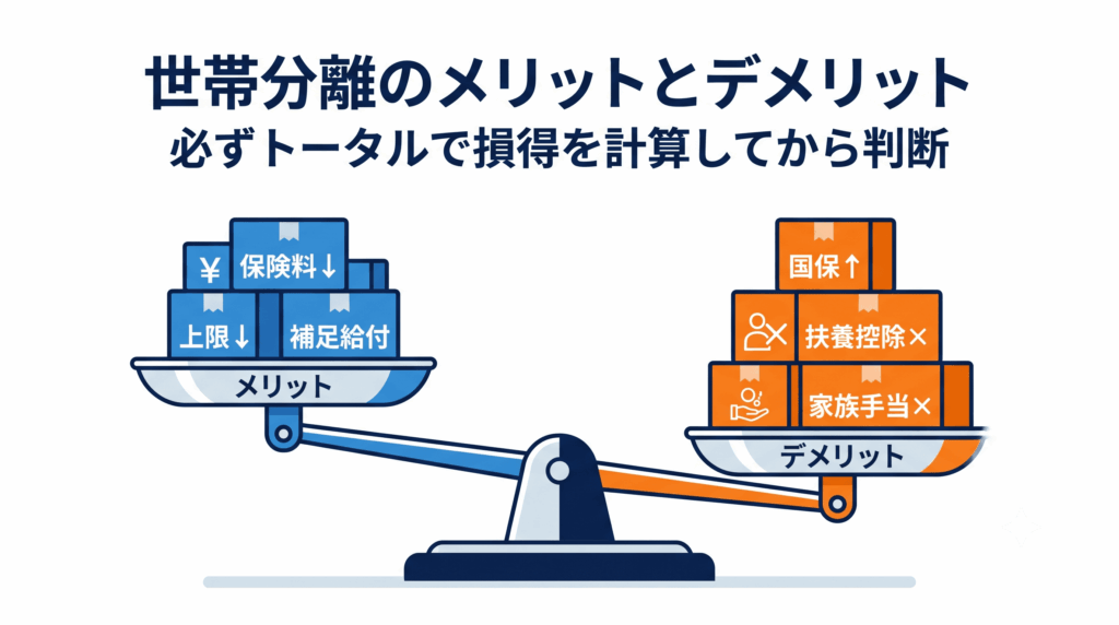 世帯分離のメリットとデメリットを天秤で比較するイメージ図