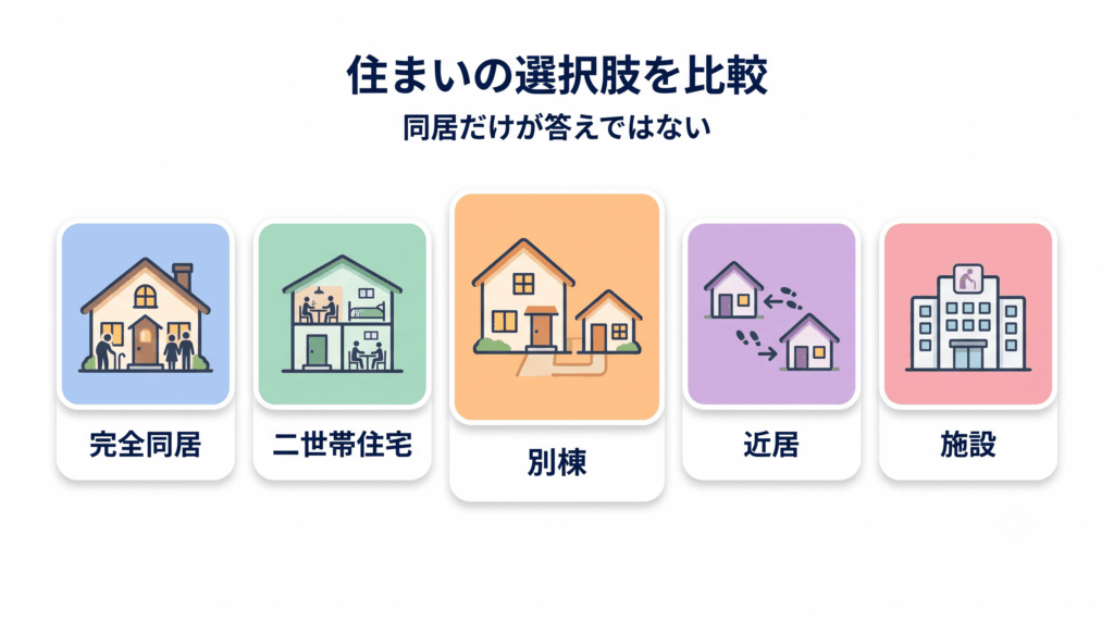 完全同居・二世帯住宅・別棟・近居・施設の5つの住まい形態を比較するアイコン図