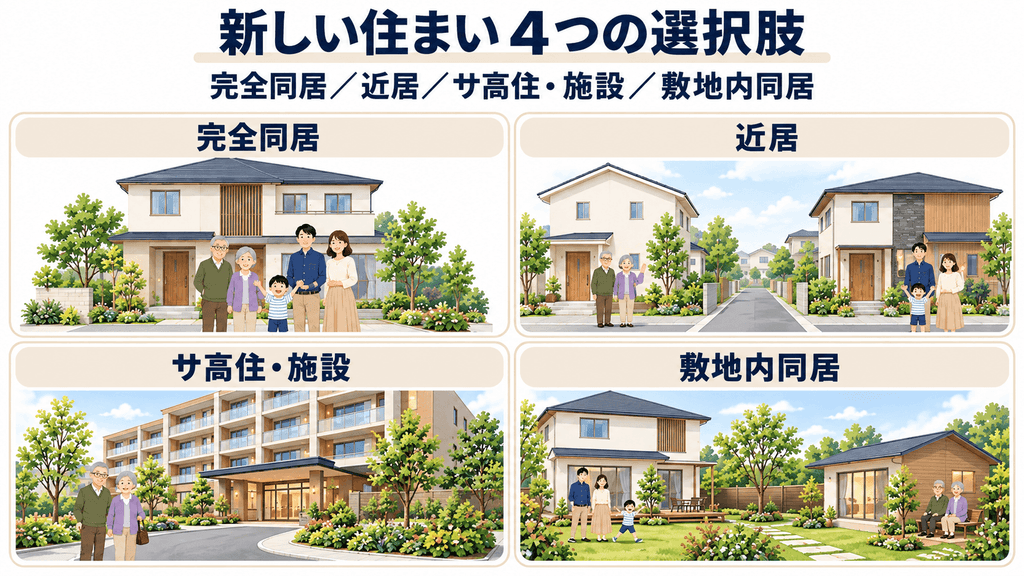 完全同居・近居・サ高住や施設・敷地内同居の4つの住まい方を比べる図解