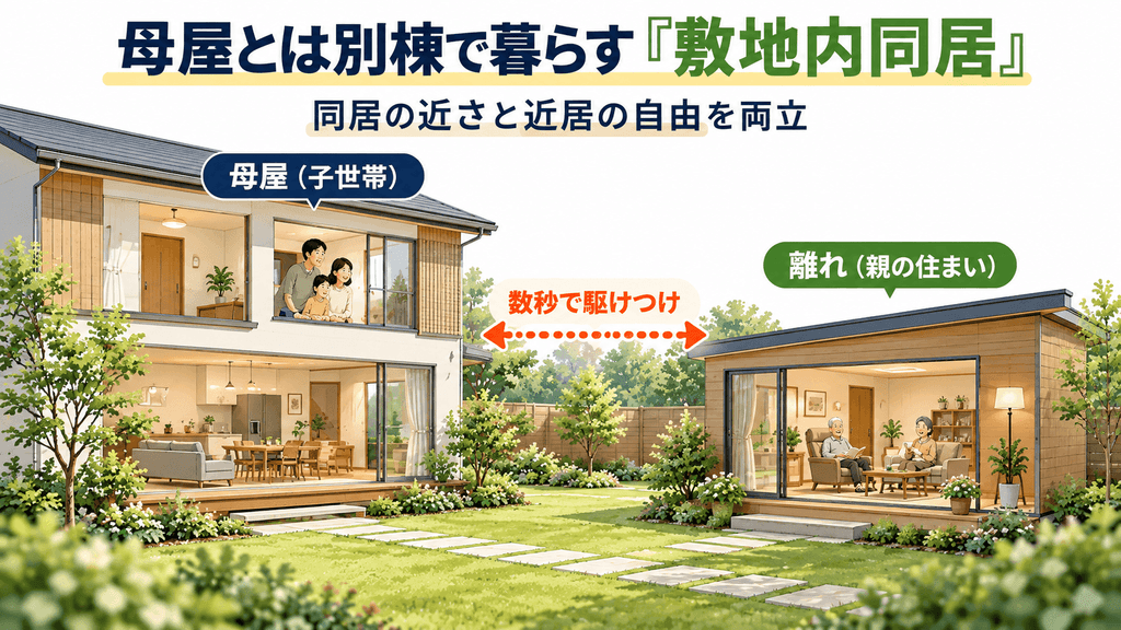子世帯の母屋と、庭を挟んで建つ親の平屋を描いた敷地内同居のイメージ図