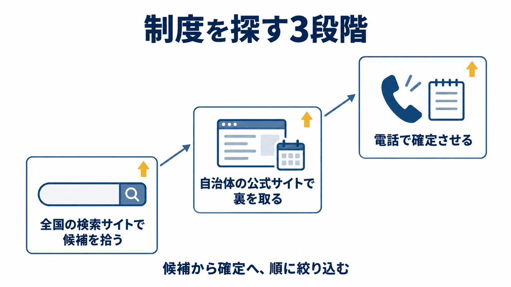 検索サイト、自治体サイト、電話の順に絞り込む3段階の階段図