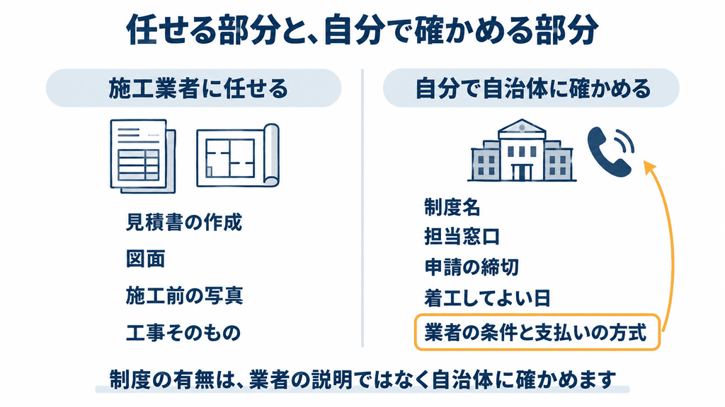 施工業者に任せる作業と、制度名や業者の条件など自分で自治体に確かめる項目を左右に分けた図