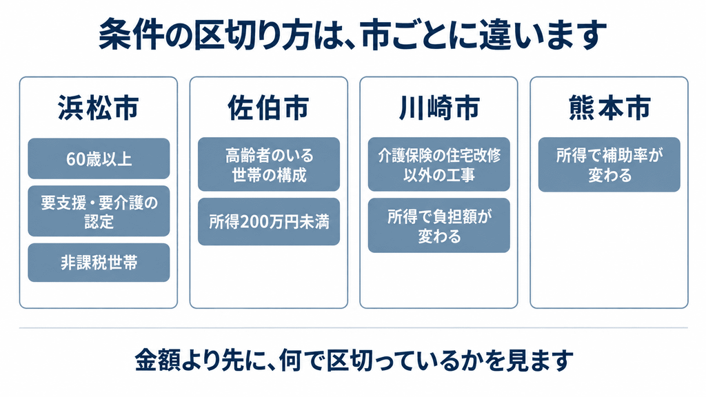 浜松市、佐伯市、川崎市、熊本市の助成が、年齢・認定・世帯・所得・工事の種類のどれで対象を区切っているかを並べたカード