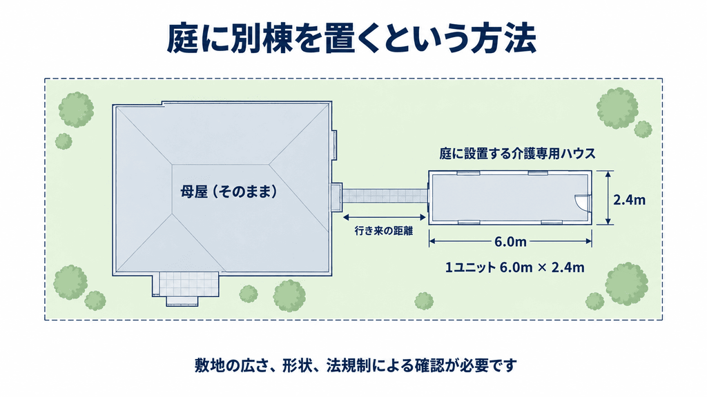 母屋と、庭に設置した介護専用ハウスの配置と行き来の距離を上から見た平面図