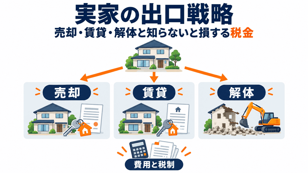 実家の売却・賃貸・解体の選択肢と税制を比較する図解