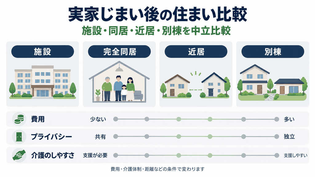 実家じまい後の住まいの選択肢を中立比較する図解