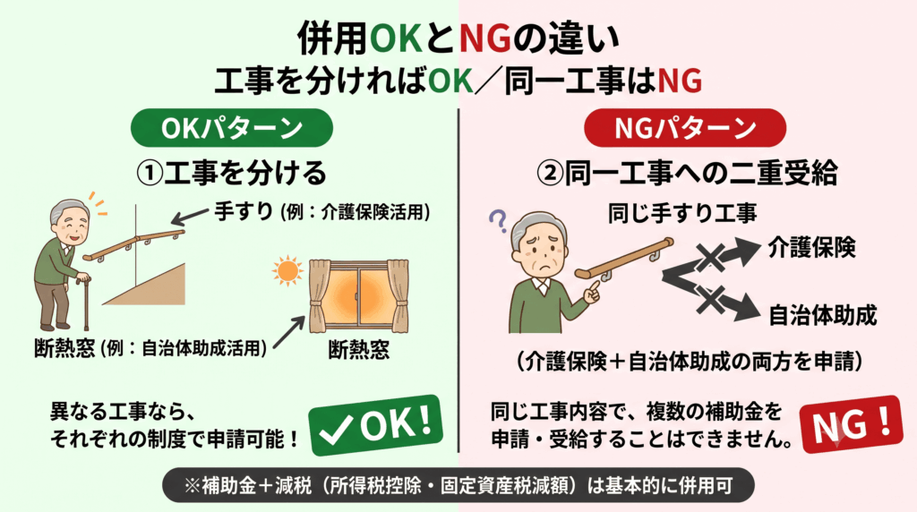 リフォーム補助金の併用OK／NGパターンの違い（工事分割／二重受給）を示す対比図解