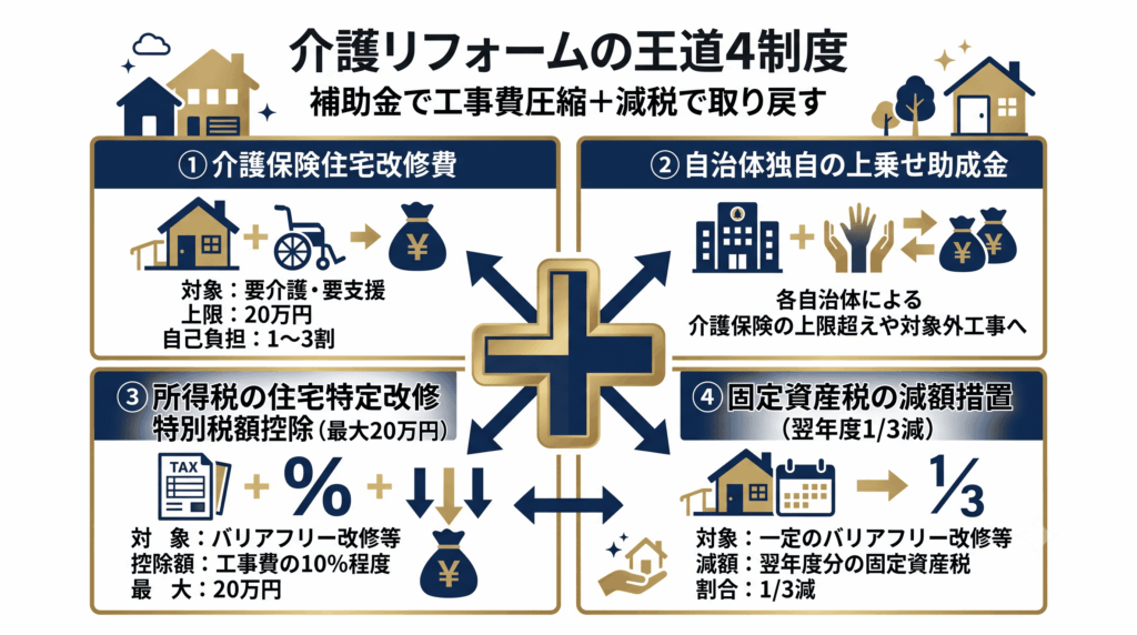 介護リフォームで活用できる4制度（介護保険・自治体助成金・所得税控除・固定資産税減額）の組み合わせ図解