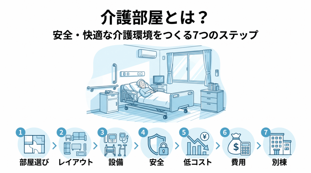 介護部屋の全体像を示すインフォグラフィック。明るい介護部屋のイラストと記事の7ステップ