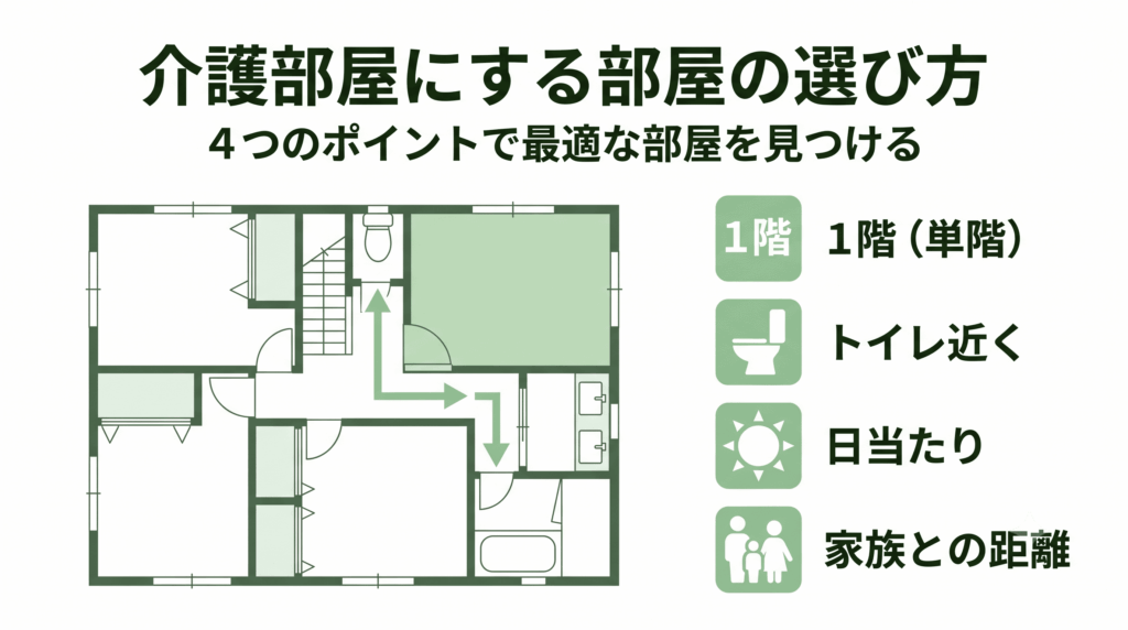 介護部屋の選び方を示す間取り図。1階の部屋を優先し、トイレとの動線を確保するポイントを図解