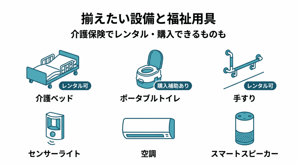 介護部屋に揃えたい設備と福祉用具のアイコン一覧。介護ベッド、ポータブルトイレ、手すり、センサーライトなど