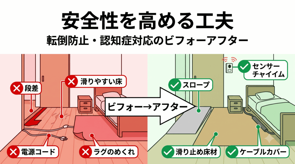 介護部屋の安全対策のビフォーアフター図。段差や滑りやすい床などの危険ポイントと、スロープや滑り止めなどの対策を対比