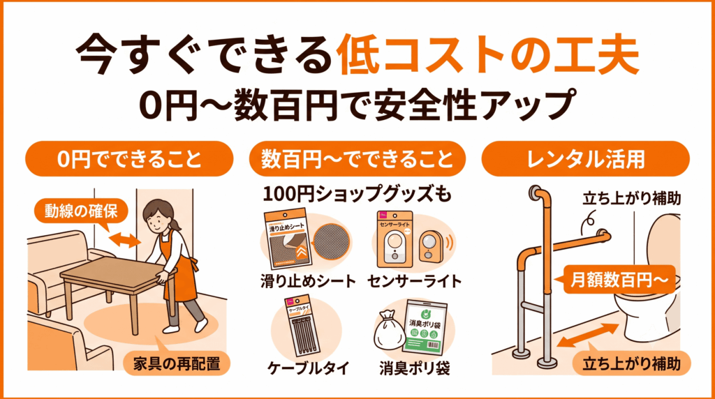 費用をかけずにできる介護部屋の工夫を3段階で紹介。家具移動、100均グッズ、レンタル福祉用具の活用法