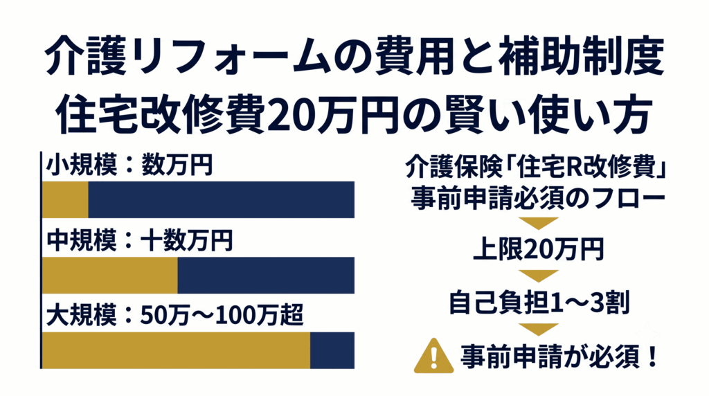 介護リフォームの費用目安と介護保険住宅改修費の仕組みを示すインフォグラフィック。費用の3段階と補助制度のフロー