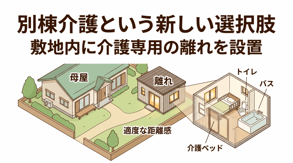 別棟介護のイメージイラスト。母屋の隣に介護専用の離れが設置され、内部に介護ベッドやトイレが見える鳥瞰図