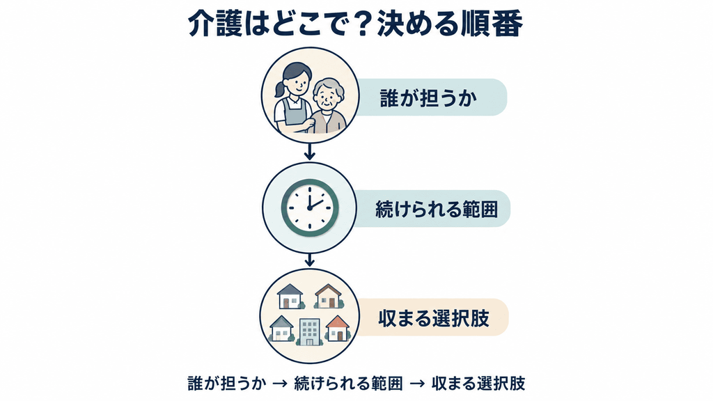 介護の住まいを決める3ステップを示したフロー図