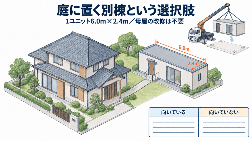 母屋の庭に据えた別棟の介護ハウスの配置と、1ユニットの寸法を示した図