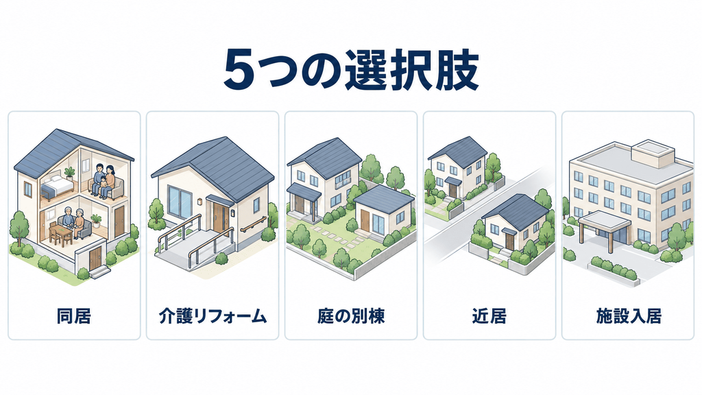 同居・介護リフォーム・庭の別棟・近居・施設入居の5つの住まいの形を並べた図