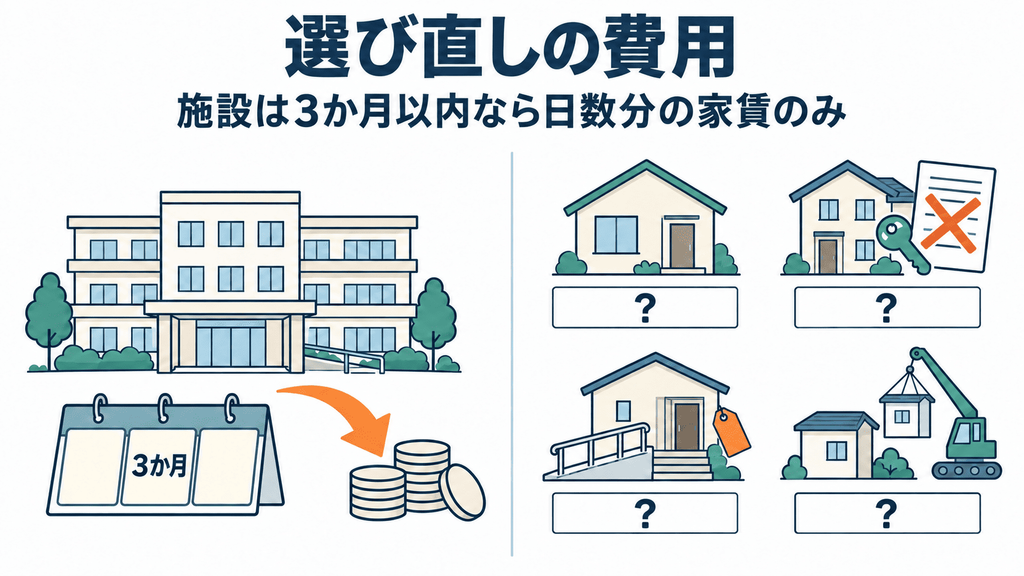 有料老人ホームの前払金の返還ルールと、在宅側で相場が公表されていない4つの費用を対比した図