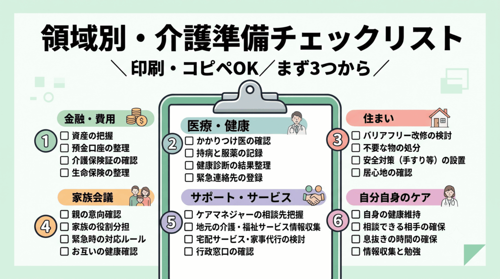 6領域に分かれた印刷可能な介護準備チェックリストの図解
