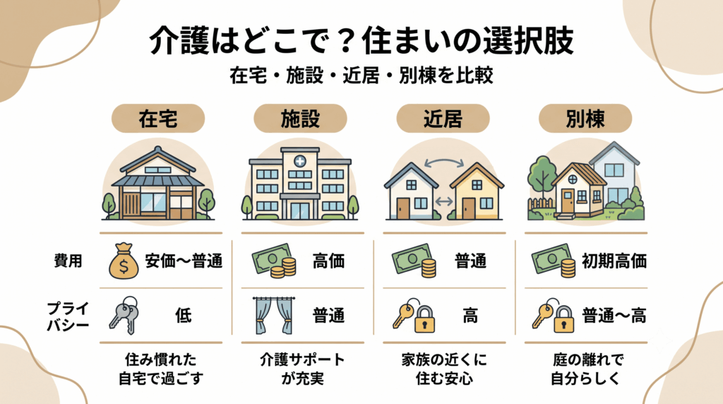 在宅・施設・近居・別棟など介護の住まいの選択肢を比較する図解