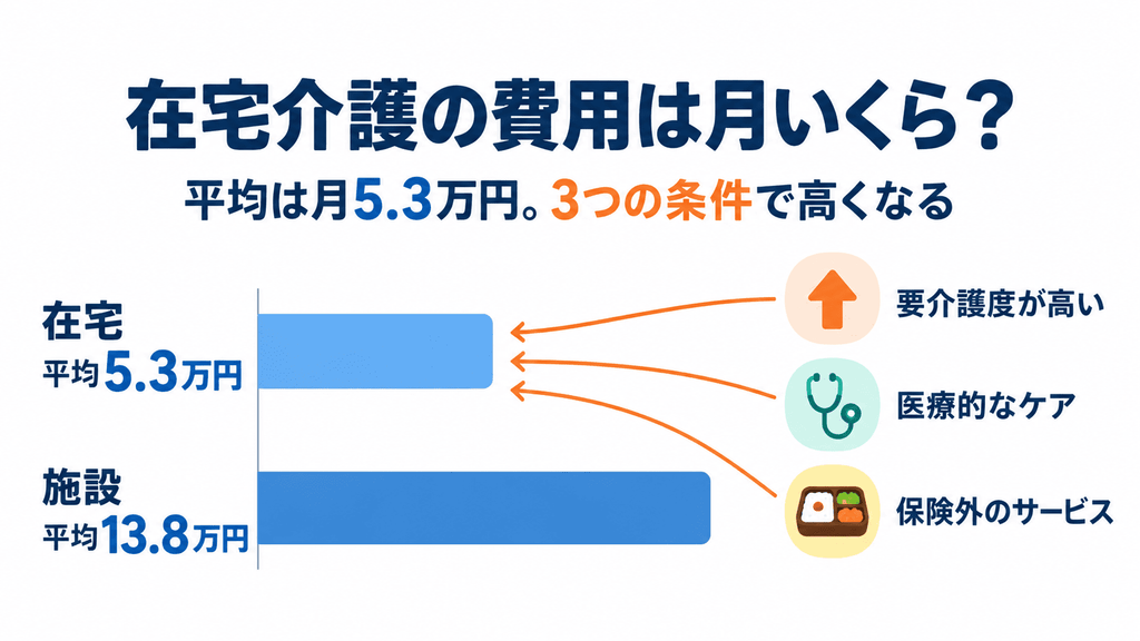 在宅介護の月額平均5.3万円と施設介護13.8万円を比べた横棒グラフと、費用が高くなる3つの条件のアイコン