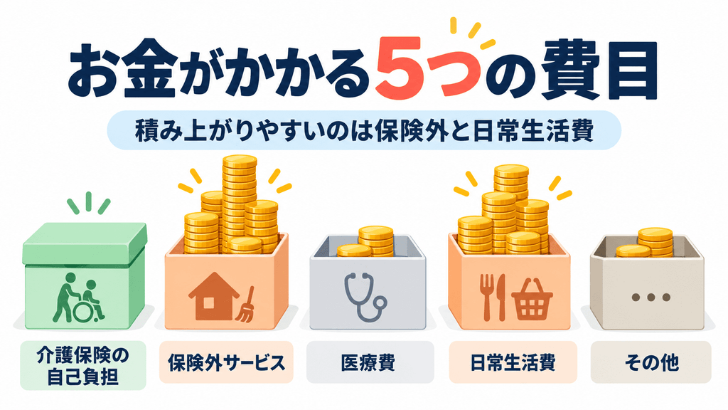 在宅介護の費用を5つの費目に分けた図。介護保険の自己負担には上限があり、保険外サービスと日常生活費はコインが積み上がっている