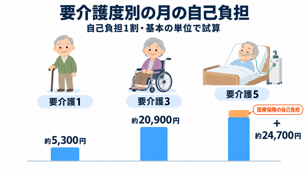 要介護1・3・5の3つのケースの月の自己負担を比べた図。約5,300円、約20,900円、約24,700円と医療保険の自己負担