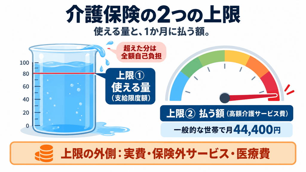 介護保険の2つの上限を示す図。使える量の上限(支給限度額)と、1か月に払う額の上限(高額介護サービス費)、その外側にある実費・保険外サービス・医療費