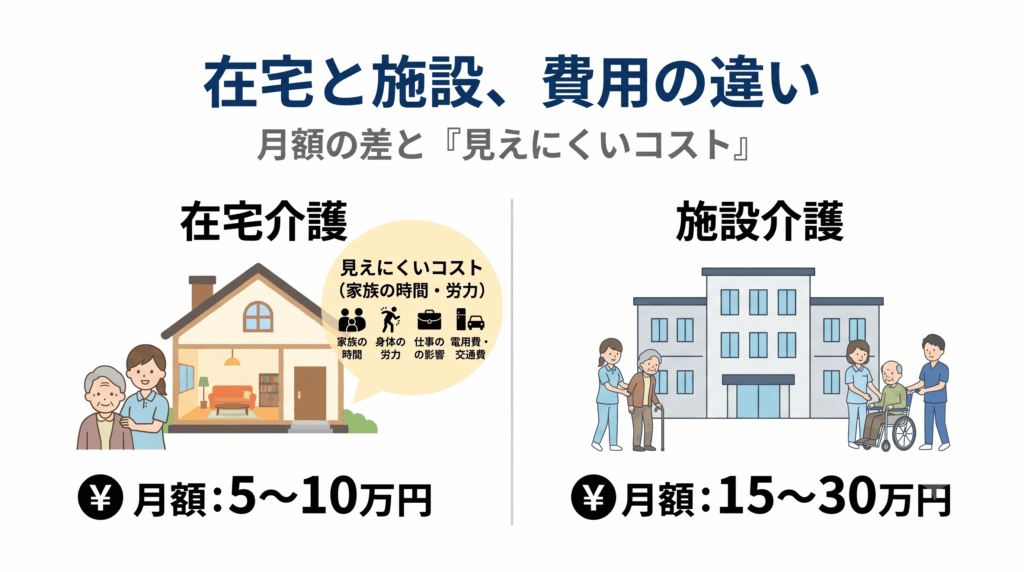 在宅介護と施設介護の費用の違いを左右で比較した図