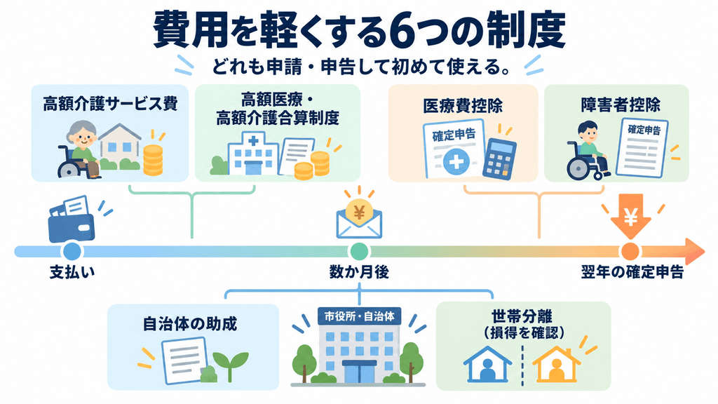 費用を軽くする6つの制度を時間軸に並べた図。数か月後に戻る2制度、翌年の確定申告で軽くなる2控除、市区町村の助成と世帯分離