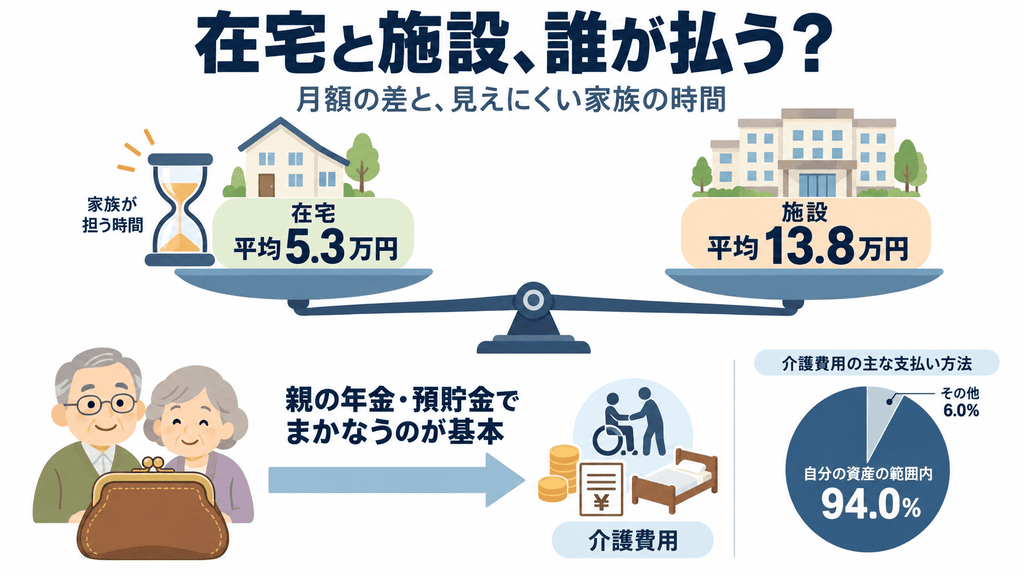 在宅介護と施設介護の月額平均を天秤で比べ、家族の時間を砂時計で示した図。下段に、介護費は親の年金・預貯金でまかなうのが基本であることと調査の94.0%