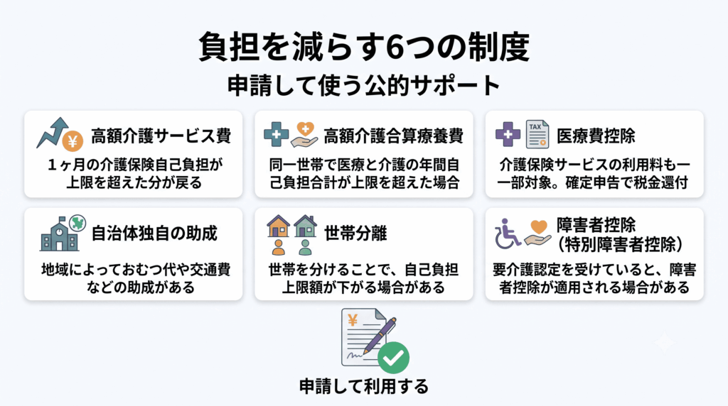 在宅介護の費用負担を軽減する6つの公的制度を示す図