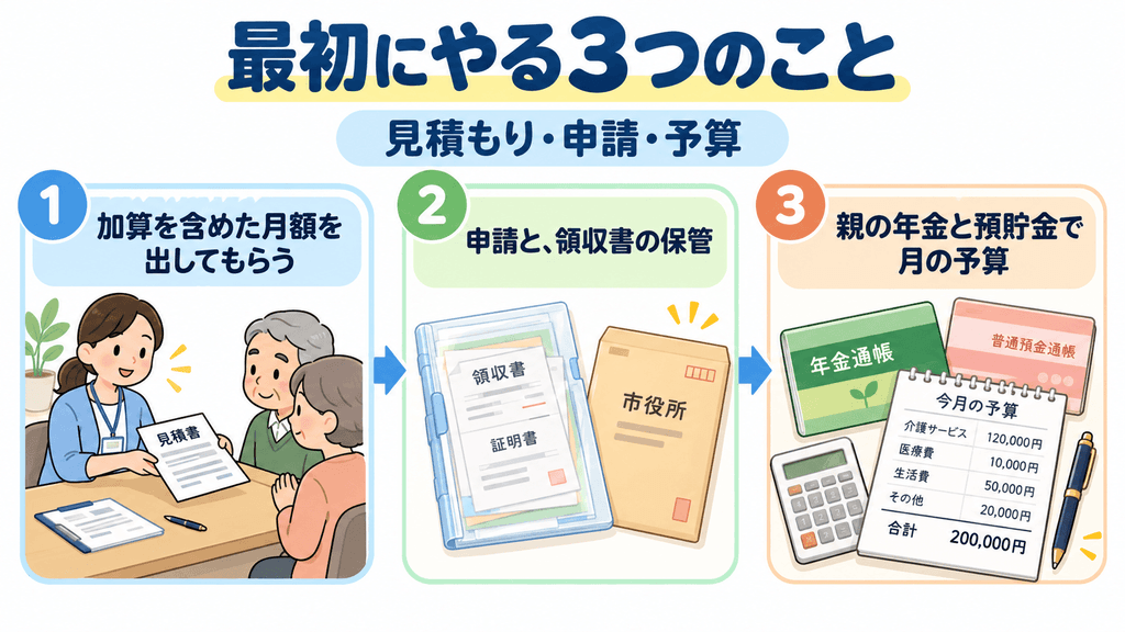 在宅介護の費用で後悔しないために最初にやる3つのこと。ケアマネジャーに月額を見積もってもらう、申請と領収書の保管、親の年金と預貯金で月の予算を決める