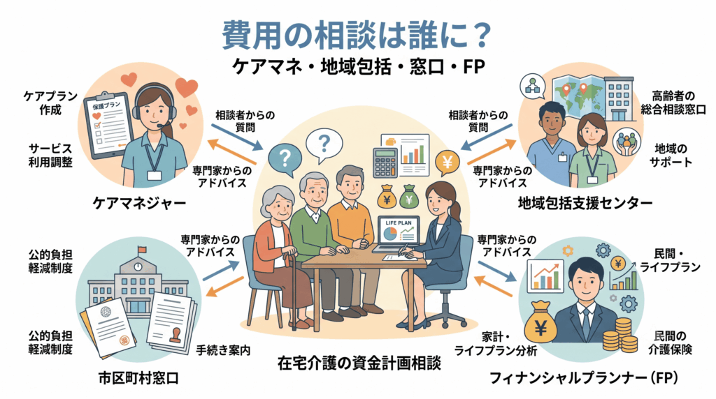 在宅介護の費用相談先の選択肢を示す図